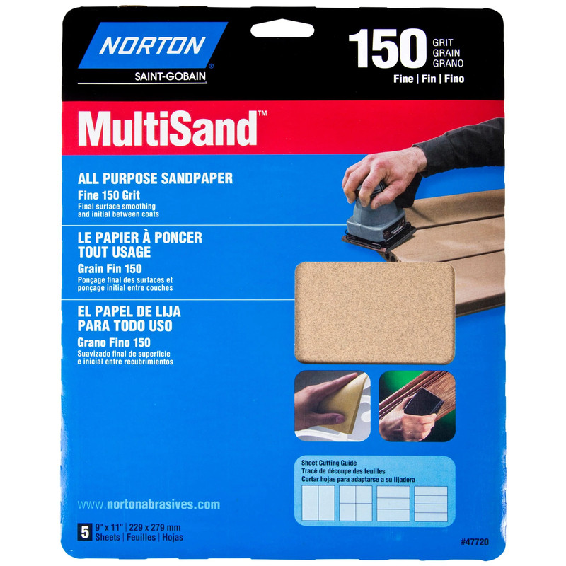 All Purpose Sandpaper - 9" x 11" - 5 Pack - Grit:150 Grit